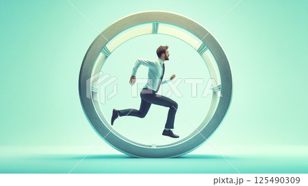 An artistic depiction of a man running in an endless cycle around a large clock, symbolizing the relentless race against time and the burnout caused by work pressure 125490309