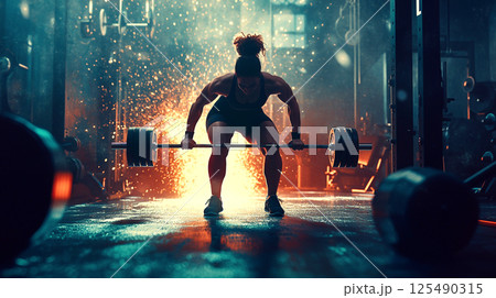 A strong woman performing a deadlift with a heavy barbell in a gym, showcasing power, determination, and focus. The weightlifting scene captures the intensity of a workout 125490315