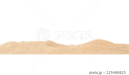 Sand Beach Isolated White Background Texture Summer Desert Zen Garden Coast Ocean for Vacation, Hot Summer Tropical Scene Chill Nature, Summer Time Yoga Holiday Dune Pile Dry Brown Heap Particle. 125490825