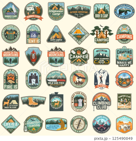 Set of rv camping badges, patches. Vector Concept for shirt or logo, print, stamp or tee. Vintage typography design with RV Motorhome, camping trailer and off-road car silhouette. 125490849