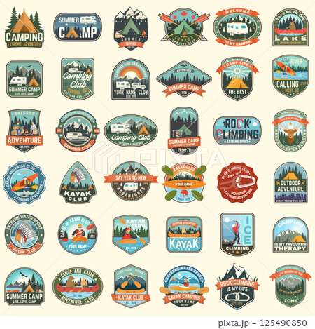 Set of Rock Climbing club and summer camp badges. Vector Concept for shirt or print, stamp, patch or tee. Vintage typography design with camping tent, trailer, camper, climber, carabiner and mountains 125490850