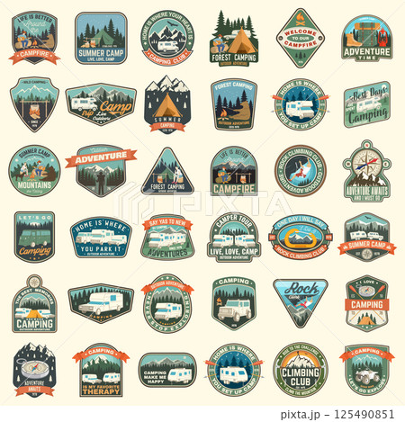 Set of Camping and caravanning club badges. Vector. Concept for shirt or logo, print, stamp, patch or tee. Vintage typography design with camp trailer, man with guitar, forest and mountain silhouette 125490851