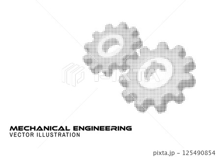 Mechanical Engineering poster, banner, flyer template with Halftone 3d ogwheel gear. Cog wheels setting system. Technical support, repair, optimization and workflow concept 125490854