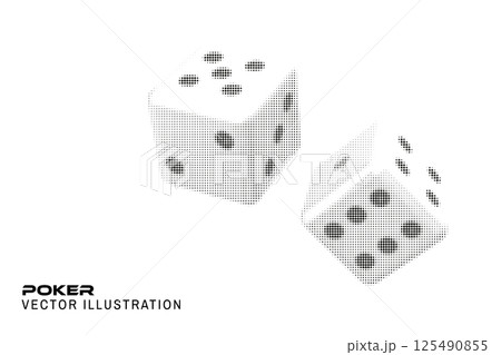 Halftone casino gambling dice poster, banner, flyer template. Vector illustration. Circle halftone shape game dice cubes in flight on a white background for casino and gambling industry. 125490855