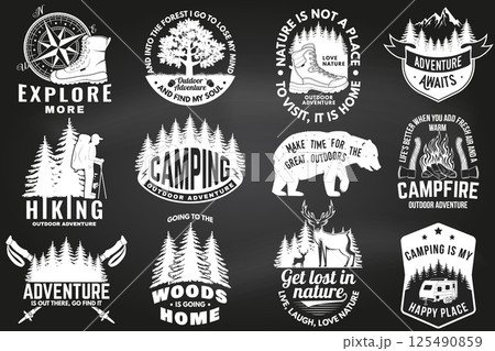Set of logo, badge design with inspirational adventure quotes. Concept with oak and acorns, hiking boot, pin forest, hiker, campfire, hiking poles and mountain. Vector illustration. 125490859