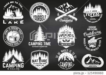 Set of logo, badge design with inspirational adventure quotes. Concept with oak leaf and acorns, pin forest, hiker, climber, matches stick, camping knives and mountain. Vector illustration. Set of logo, badge design with inspirational adventure quotes. Concept with oak leaf and acorns, pin forest, hiker, climber, matches stick, camping knives and mountain. Vector illustration. 125490860