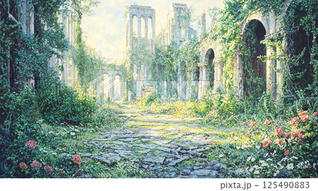 廃墟となった庭園に広がる自然と花々の風景 125490883