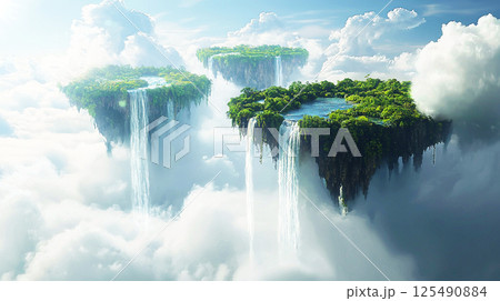 雲の上に浮かぶ滝と森のファンタジー世界 125490884