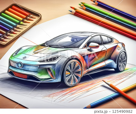 スポーツカーのデザイン画のイメージ素材　色鉛筆 125490982