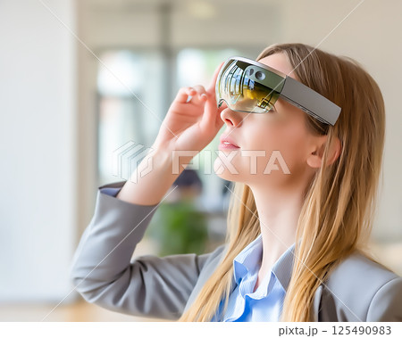 VRゴーグルを使ってデータを確認する女性のイメージ素材 125490983