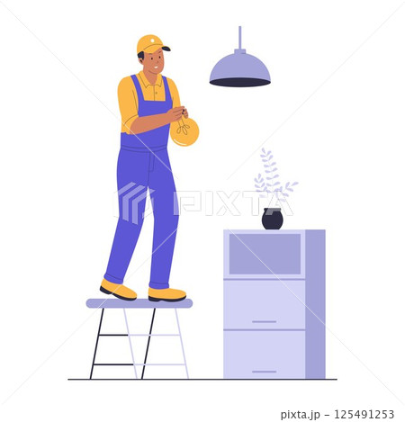 Illustration of a Home Repairman Changing a Lightbulb on a Ladder Illustration of a Home Repairman Changing a Lightbulb on a Ladder 125491253