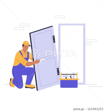Illustration of a Home Repairman Fixing a Door Illustration of a Home Repairman Fixing a Door 125491255