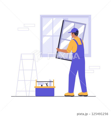 Illustration of a Home Repairman Installing a Window 125491256
