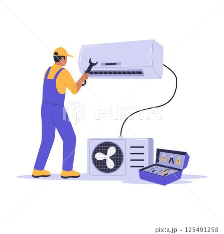 Illustration of a Home Repairman Fixing an Air Conditioner with Toolbox 125491258