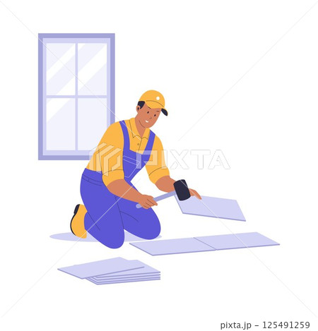 Illustration of a Home Repairman Installing Floor Tiles Illustration of a Home Repairman Installing Floor Tiles 125491259