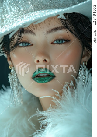 Stunning close-up of a woman with expressive eyes and glamorous makeup wearing an elegant hat adorned with feathers 125491652