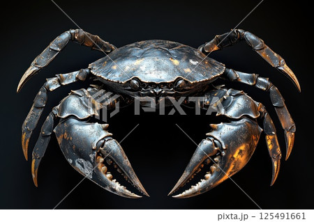 Intricate metallic crab sculpture showcasing detailed craftsmanship and artistic design elements in a dark setting 125491661