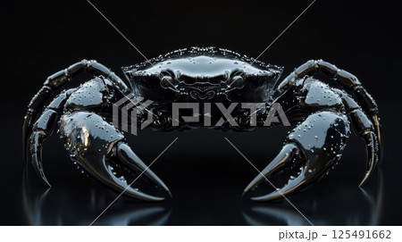Detailed view of a metallic crab showcasing its intricate features and wet appearance, highlighting its unique texture and sheen during underwater exploration 125491662