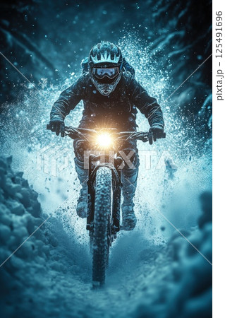 Mountain biker rides through snowy forest trail while illuminated by powerful bike light, showcasing an adventurous winter evening 125491696