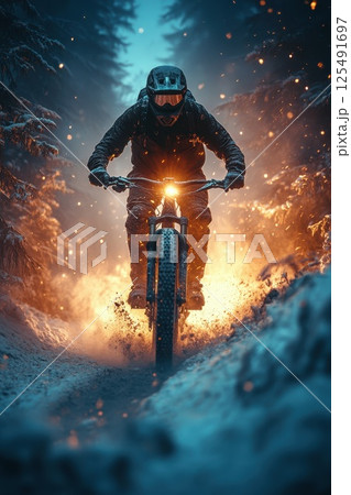 Mountain biker performing an exciting jump in a forest at dusk with dramatic lighting and flying dirt 125491697