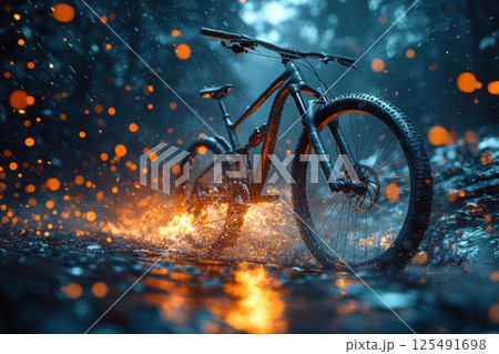 Mountain bike stands prominently amidst clouds of smoke and fire in an intense outdoor setting, showcasing the thrill and adventure of extreme sports conquerors 125491698