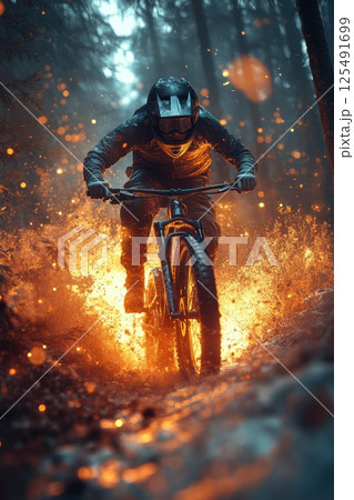 Mountain biker navigating through a forest trail surrounded by splashes of water and sparks at dusk 125491699