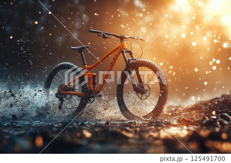 Mountain bike stands prominently amidst clouds of smoke and fire in an intense outdoor setting, showcasing the thrill and adventure of extreme sports conquerors 125491700