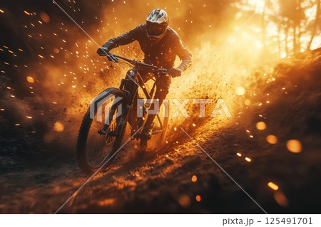 Mountain biker skillfully navigating through a trail with flying dust and sparks during a golden hour ride in a wooded area 125491701