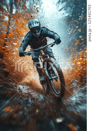 Mountain biker speeds through a muddy path surrounded by vibrant autumn foliage 125491703