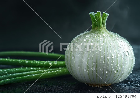 Freshly harvested onion with green sprout and water droplets captured in studio setting with dark background 125491704