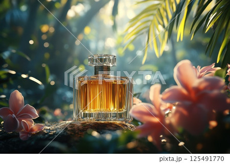 Elegant glass perfume bottle emits a warm glow in a misty environment, creating a captivating atmosphere of luxury and mystique 125491770