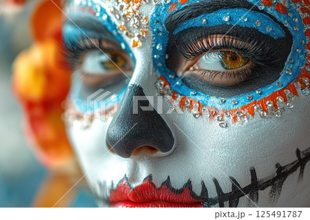 Colorful Day of the Dead celebration features intricately painted face with vibrant details and symbolism, showcasing cultural pride and artistic expression Colorful Day of the Dead celebration features intricately painted face with vibrant details and symbolism, showcasing cultural pride and artistic expression 125491787