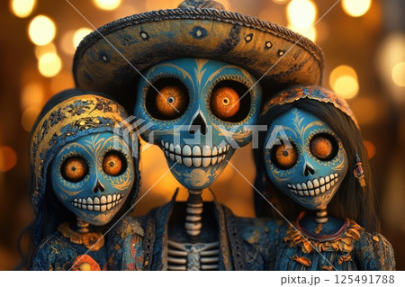 Celebration of life and death during Dia de los Muertos with beautifully painted skull faces and colorful attire at a vibrant festival 125491788