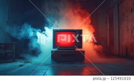 Vibrant display of colors illuminating a modern television in a stylish interior setting at night 125491810