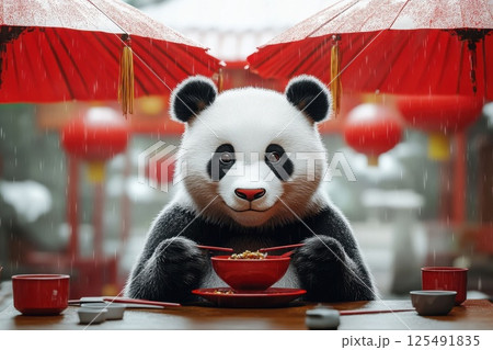 Panda enjoying a delicious bowl of noodles under red umbrellas in a rain-soaked setting 125491835