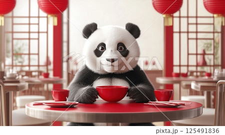 Cute panda sitting at a table in a red-themed restaurant, eagerly waiting to enjoy a meal in a vibrant and cheerful setting 125491836