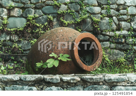 Qvevri for wine. Traditional Georgian clay vessels kvevri for storing Georgian wine 125491854