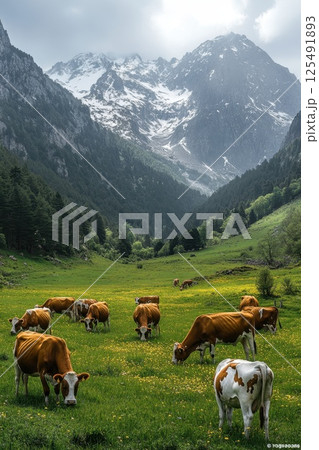 Cows grazing peacefully in a lush green valley surrounded by majestic snow-capped mountains under a cloudy sky 125491893