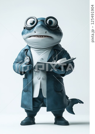 Character design of a cartoon shark dressed as a doctor with glasses, showcasing a playful and imaginative representation of a medical professional in a lighthearted manner 125491904