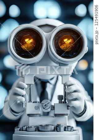 Scientist using advanced optical equipment to observe samples in a high-tech laboratory setting during the day 125491906