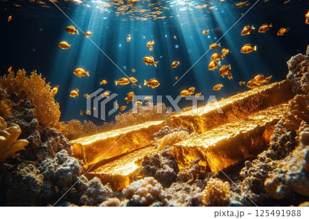 Underwater treasure surrounded by vibrant marine life illuminated by sun rays in a coral reef setting 125491988