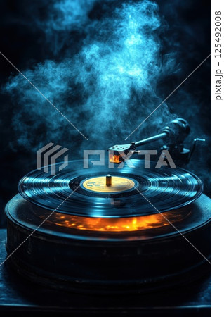 Vintage vinyl record spinning on turntable surrounded by swirling smoke in a dimly lit room creating a nostalgic ambiance and rich sound experience Vintage vinyl record spinning on turntable surrounded by swirling smoke in a dimly lit room creating a nostalgic ambiance and rich sound experience 125492008