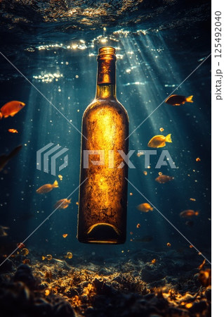 Underwater exploration reveals an ancient bottle resting on coral, illuminated by shafts of sunlight in a serene marine environment 125492040