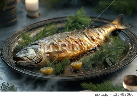 Grilled fish plated with fresh herbs and lemon presents an inviting culinary experience perfect for dinner gatherings in a rustic setting 125492066