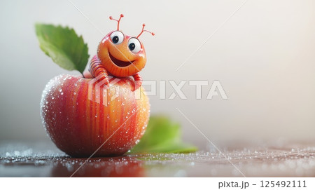 Cute cartoon caterpillar perched on a shiny red apple with droplets of water in a bright, light background, evoking a fresh and cheerful atmosphere 125492111