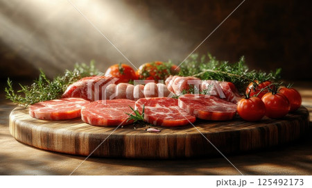 Selection of various cured meats displayed on a wooden board with herbs and spices in a rustic setting, highlighting different textures and colors of the meats 125492173