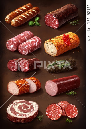 Assortment of gourmet cured meats beautifully arranged with herbs on a dark surface showcasing culinary craftsmanship 125492175