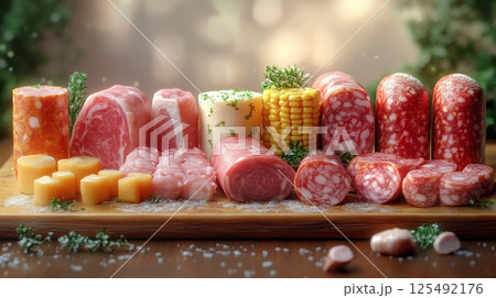 Delicious assortment of cured meats and cheeses displayed on a wooden board with herbs in a cozy setting 125492176