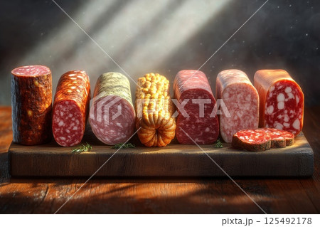 Assortment of cured meats displayed on a wooden board illuminated by soft light in a cozy setting 125492178