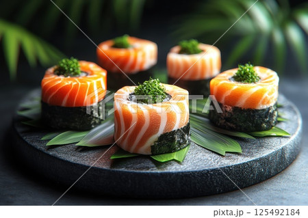 Sushi rolls plated elegantly on a dark stone surface, garnished with fresh green herbs and surrounded by decorative leaves Sushi rolls plated elegantly on a dark stone surface, garnished with fresh green herbs and surrounded by decorative leaves 125492184